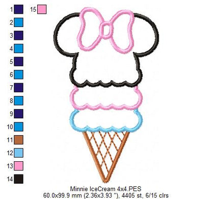 Mouse Ears Girl Summer Ice Cream - Applique - Machine Embroidery Design