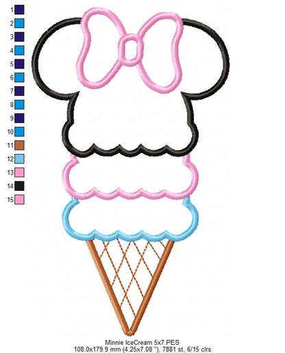 Mouse Ears Girl Summer Ice Cream - Applique - Machine Embroidery Design