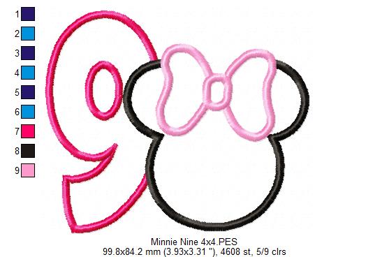 Mouse Ears Girl Number 9 Nine 9th Nineth Birthday Number 9 - Applique
