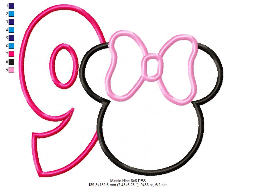 Mouse Ears Girl Number 9 Nine 9th Nineth Birthday Number 9 - Applique