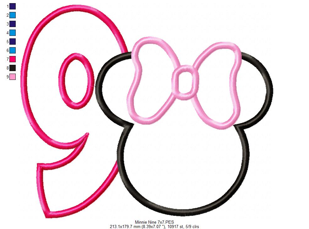 Mouse Ears Girl Number 9 Nine 9th Nineth Birthday Number 9 - Applique