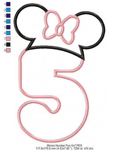 Mouse Ears Girl Hat Number 5 Five 5th Birthday - Applique Embroidery
