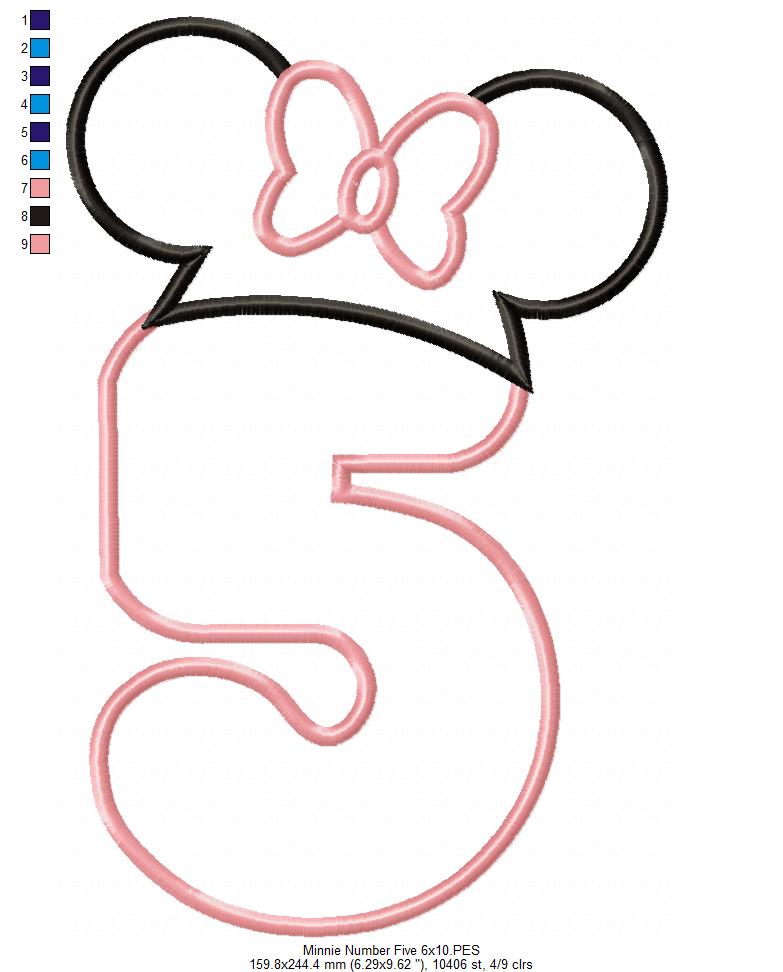 Mouse Ears Girl Hat Number 5 Five 5th Birthday - Applique Embroidery