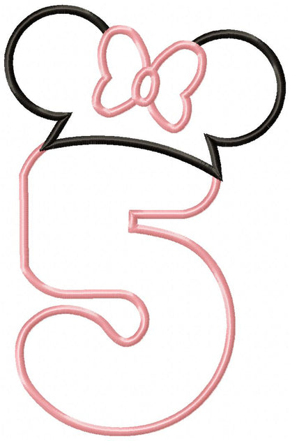 Mouse Ears Girl Hat Number 5 Five 5th Birthday - Applique Embroidery