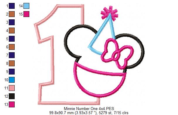 Mouse Ears Girl Number 1 One 1st Birthday Party - Applique Embroidery