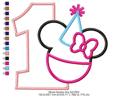 Mouse Ears Girl Number 1 One 1st Birthday Party - Applique Embroidery