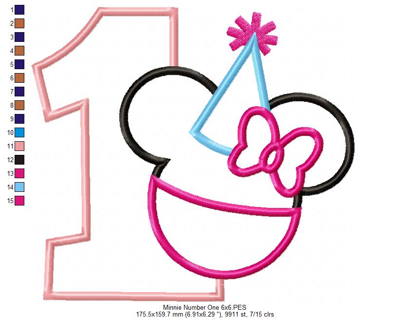 Mouse Ears Girl Number 1 One 1st Birthday Party - Applique Embroidery