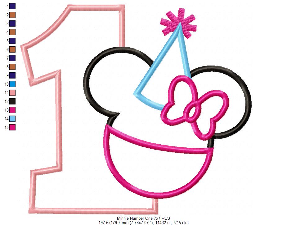 Mouse Ears Girl Number 1 One 1st Birthday Party - Applique Embroidery