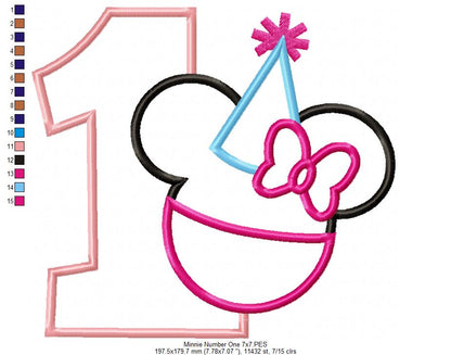 Mouse Ears Girl Number 1 One 1st Birthday Party - Applique Embroidery