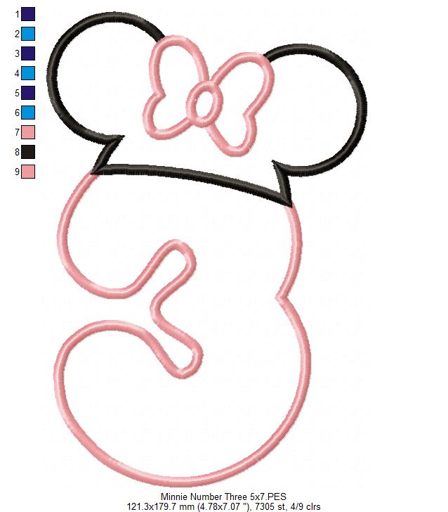 Mouse Ears Girl Hat Number 3 three 3rd Birthday - Applique