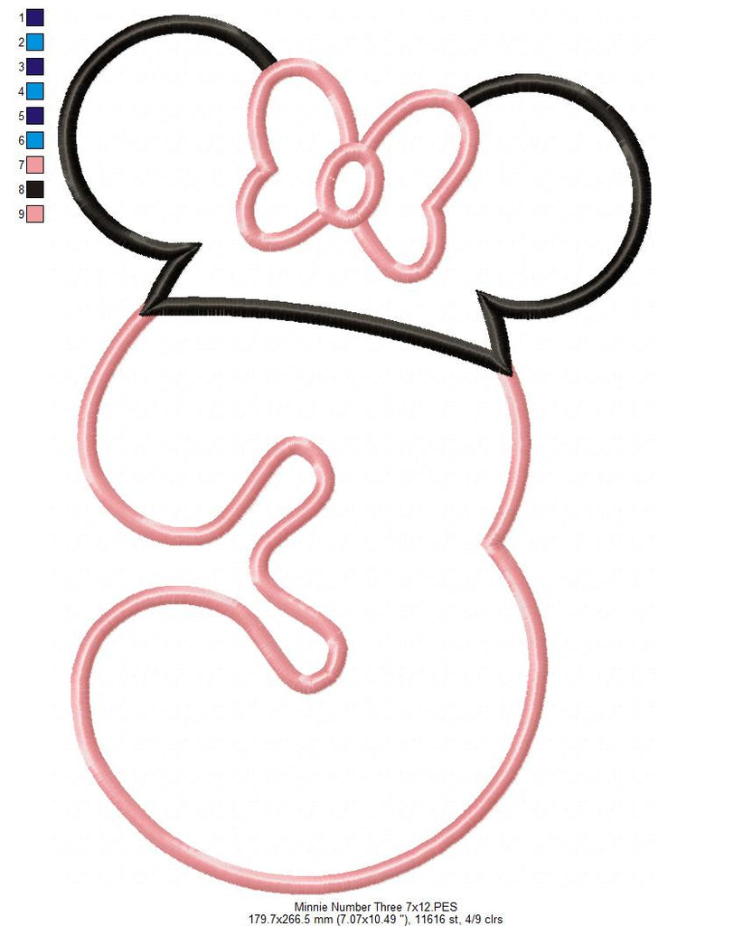 Mouse Ears Girl Hat Number 3 three 3rd Birthday - Applique