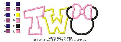 Mouse Ears Girl 2 Two 2nd Birthday - Applique Embroidery