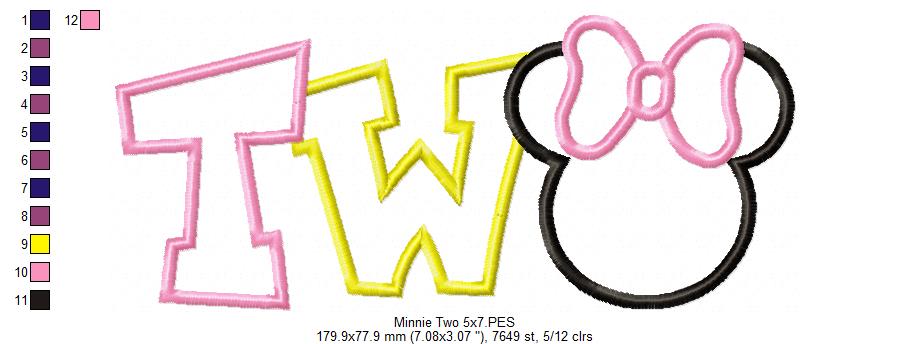 Mouse Ears Girl 2 Two 2nd Birthday - Applique Embroidery