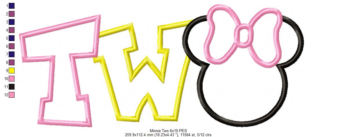 Mouse Ears Girl 2 Two 2nd Birthday - Applique Embroidery