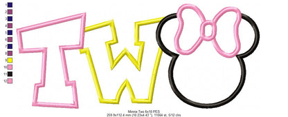 Mouse Ears Girl 2 Two 2nd Birthday - Applique Embroidery