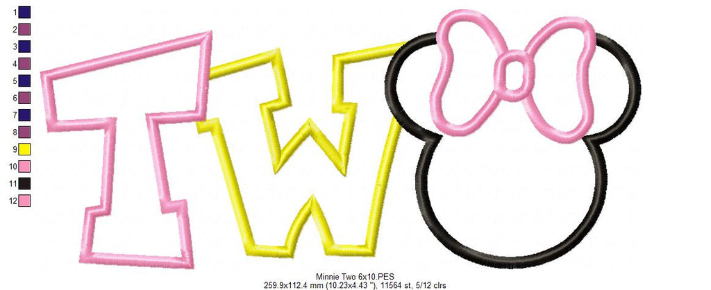 Mouse Ears Girl 2 Two 2nd Birthday - Applique Embroidery