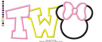 Mouse Ears Girl 2 Two 2nd Birthday - Applique Embroidery