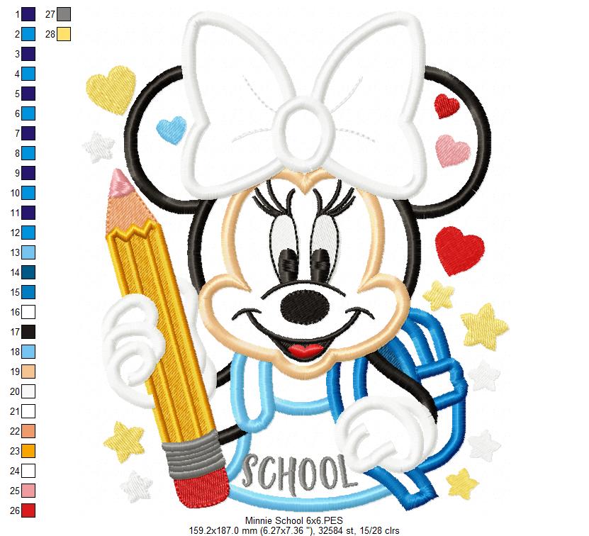 Minnie Mouse School - Applique - Machine Embroidery Design