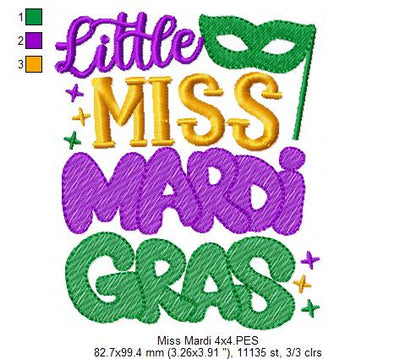 Little Miss Mardi Gras - Fill Stitch - Machine Embroidery Design