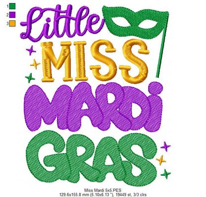 Little Miss Mardi Gras - Fill Stitch - Machine Embroidery Design