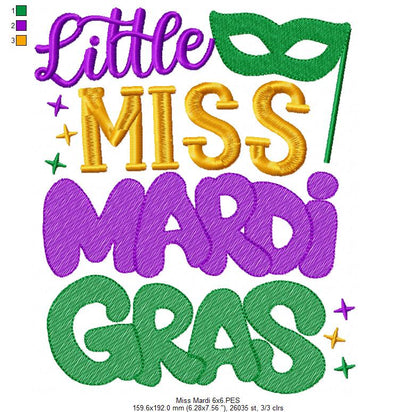 Little Miss Mardi Gras - Fill Stitch - Machine Embroidery Design