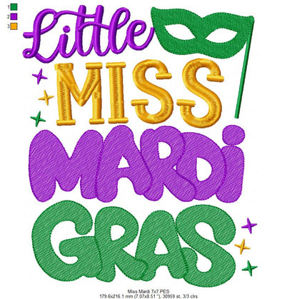 Little Miss Mardi Gras - Fill Stitch - Machine Embroidery Design