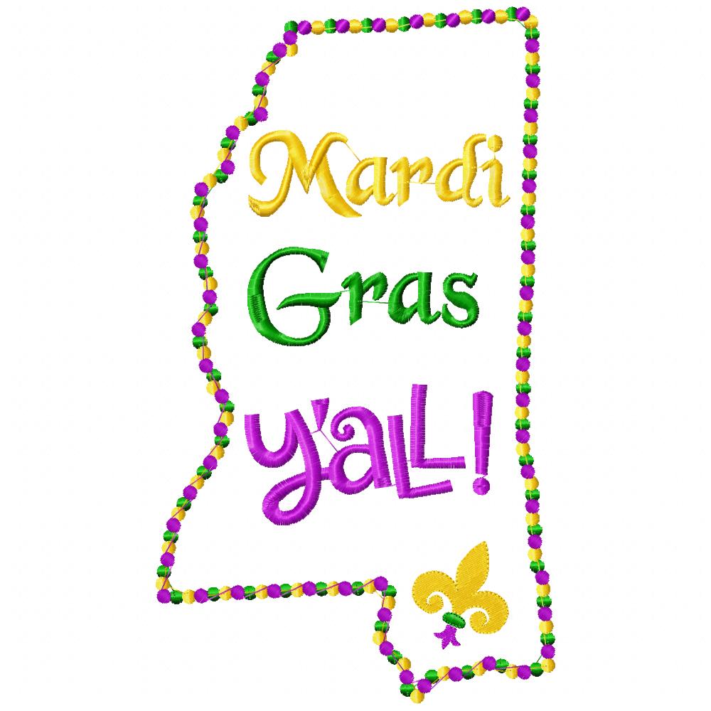 Mississippi Map Mardi Gras Y'all - Fill Stitch - Machine Embroidery Design