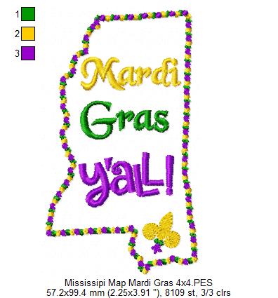 Mississippi Map Mardi Gras Y'all - Fill Stitch - Machine Embroidery Design