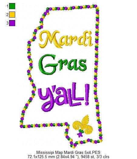 Mississippi Map Mardi Gras Y'all - Fill Stitch - Machine Embroidery Design