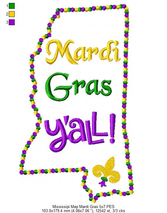 Mississippi Map Mardi Gras Y'all - Fill Stitch - Machine Embroidery Design
