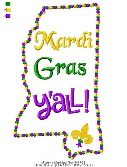 Mississippi Map Mardi Gras Y'all - Fill Stitch - Machine Embroidery Design