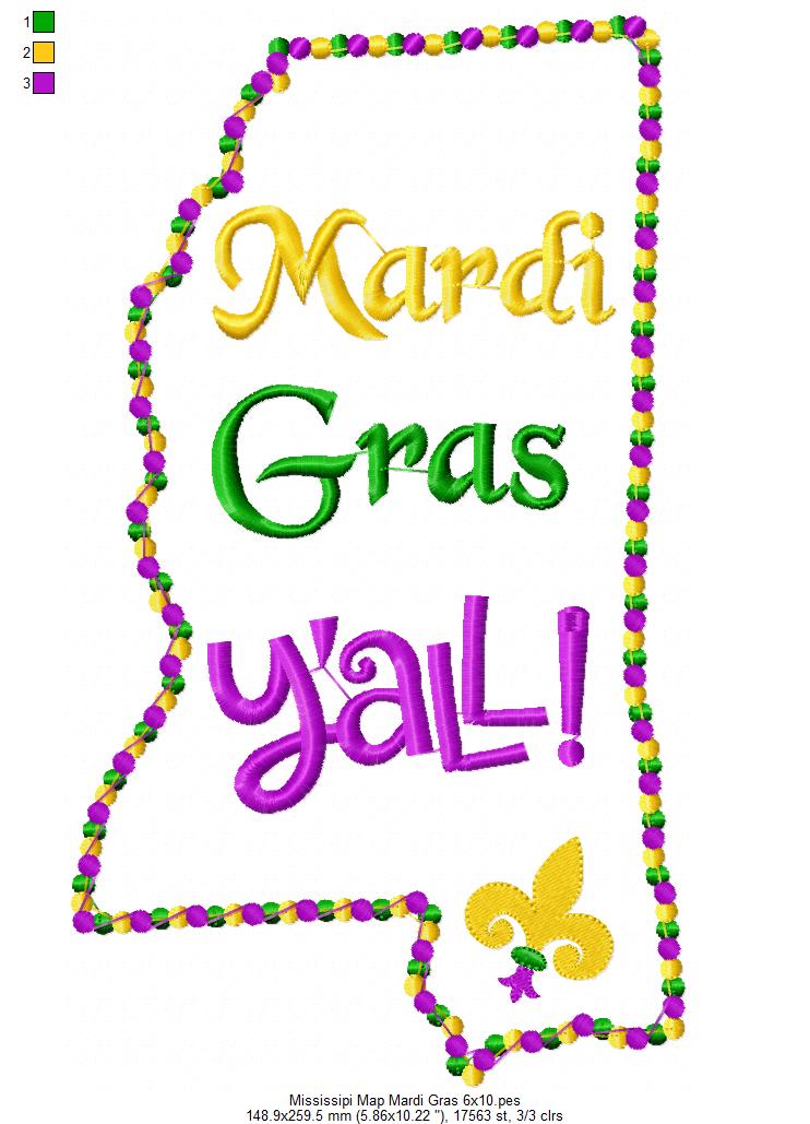 Mississippi Map Mardi Gras Y'all - Fill Stitch - Machine Embroidery Design