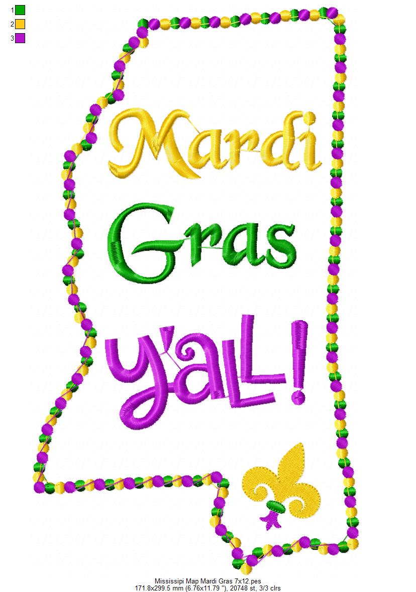 Mississippi Map Mardi Gras Y'all - Fill Stitch - Machine Embroidery Design
