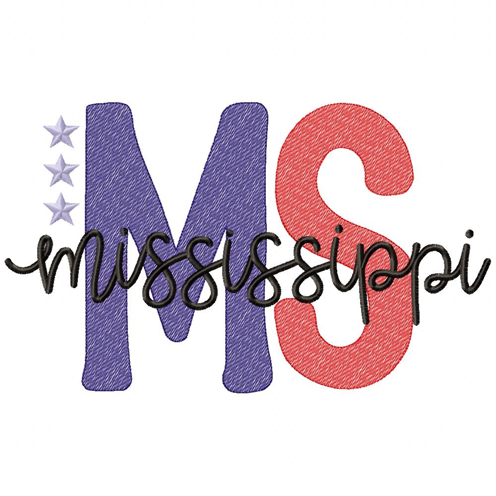 Mississippi MS Stars - Rippled Stitch - Machine Embroidery Design