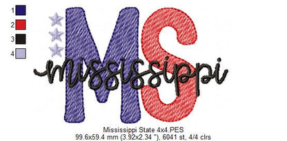 Mississippi MS Stars - Rippled Stitch - Machine Embroidery Design