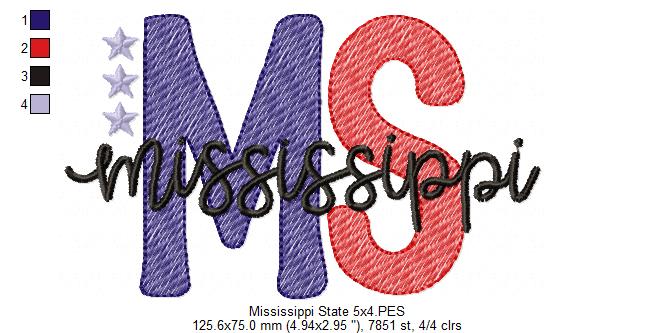 Mississippi MS Stars - Rippled Stitch - Machine Embroidery Design