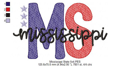 Mississippi MS Stars - Rippled Stitch - Machine Embroidery Design