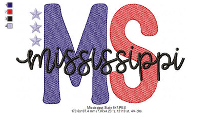 Mississippi MS Stars - Rippled Stitch - Machine Embroidery Design