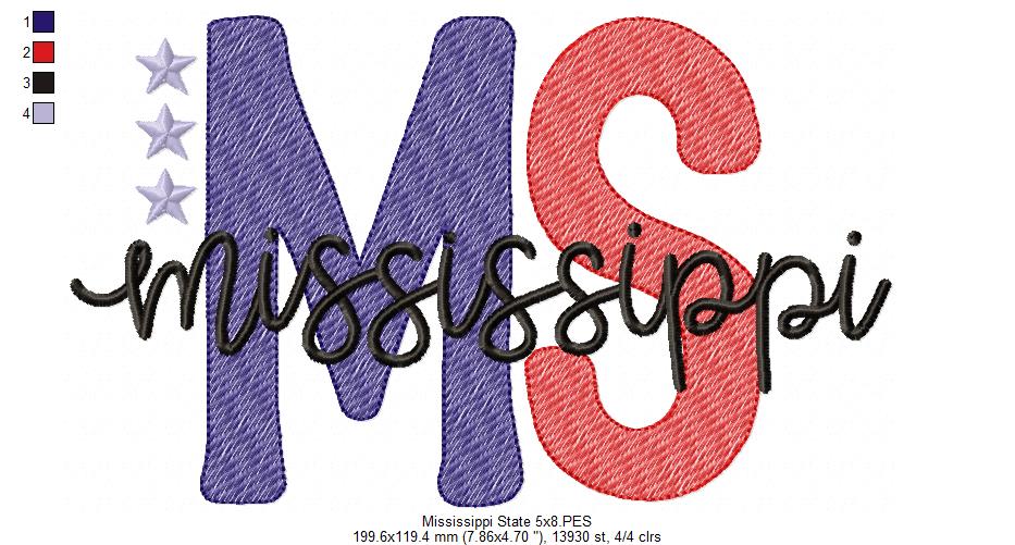 Mississippi MS Stars - Rippled Stitch - Machine Embroidery Design