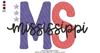 Mississippi MS Stars - Rippled Stitch - Machine Embroidery Design