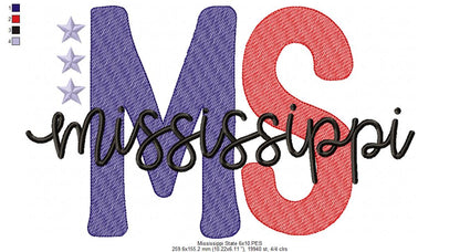 Mississippi MS Stars - Rippled Stitch - Machine Embroidery Design