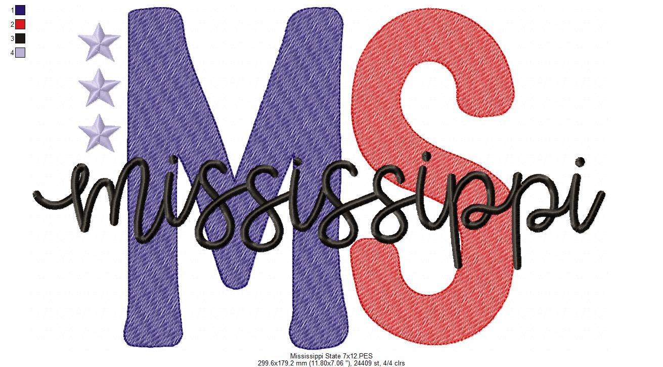 Mississippi MS Stars - Rippled Stitch - Machine Embroidery Design