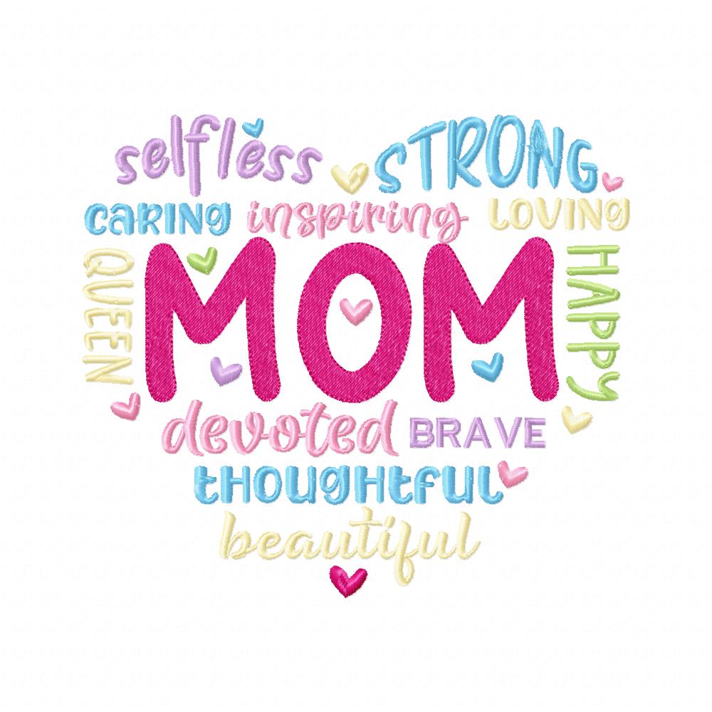 Mom Heart Words - Fill Stitch - Machine Embroidery Design