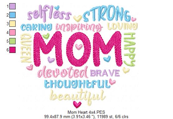 Mom Heart Words - Fill Stitch - Machine Embroidery Design