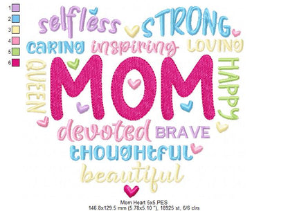 Mom Heart Words - Fill Stitch - Machine Embroidery Design