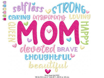 Mom Heart Words - Fill Stitch - Machine Embroidery Design