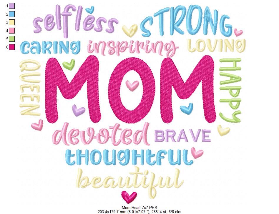 Mom Heart Words - Fill Stitch - Machine Embroidery Design