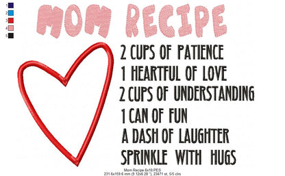 Mom Recipe - Applique - Machine Embroidery Design