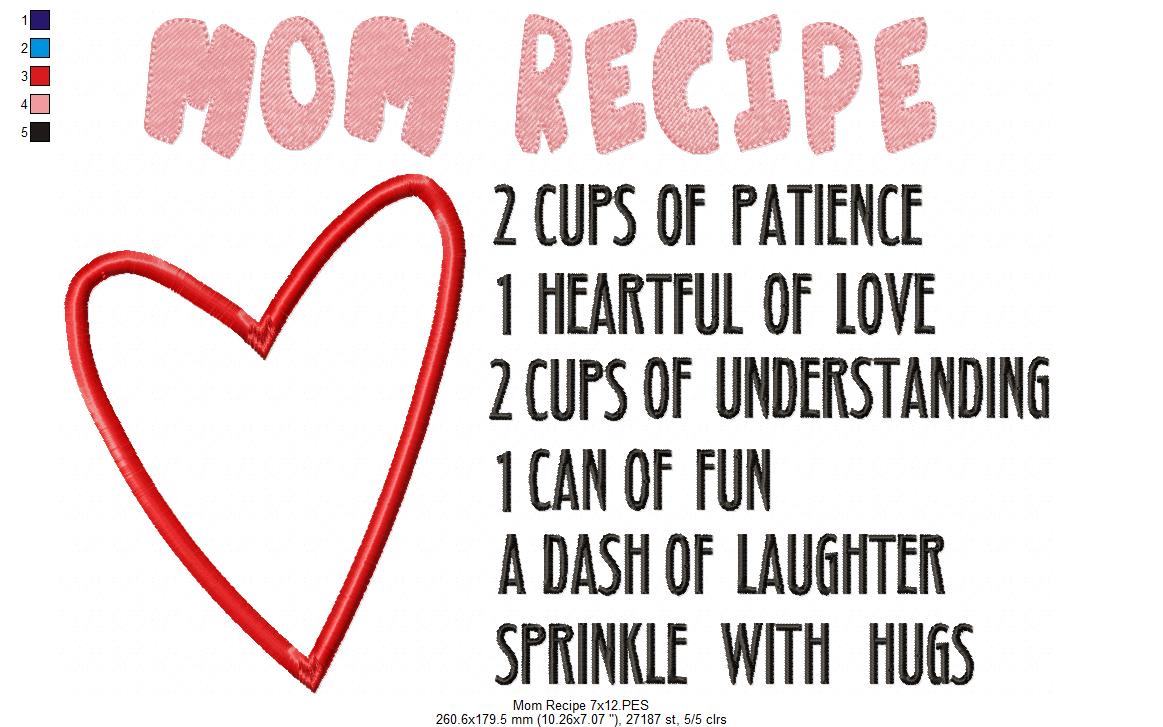 Mom Recipe - Applique - Machine Embroidery Design