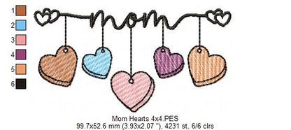 Mom 5 Hearts - Rippled Stitch - Machine Embroidery Design